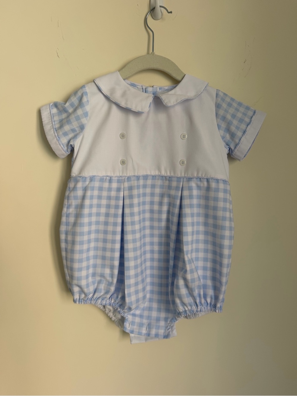 Proper Peony Boy Blue Gingham Boy Bubble with Peter Pan Collar